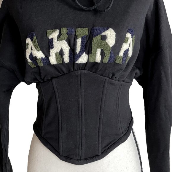 AKIRA Corset Sweatshirt Hoodie Black Tufted Applique Trim Size Small - Picture 3 of 9
